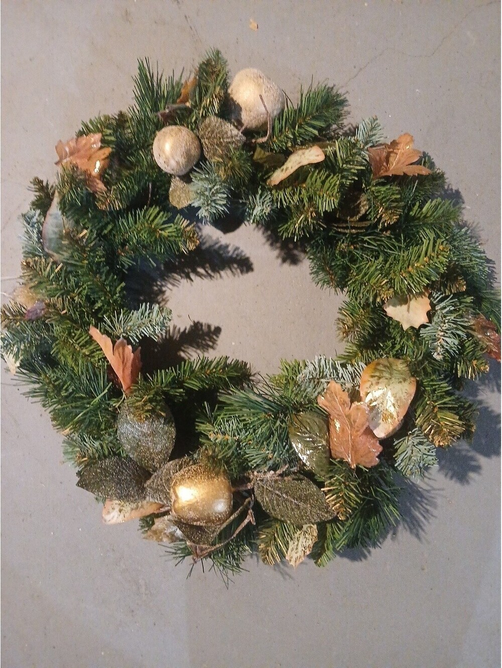 Handmade Frosted Holiday Wreath With Pine And Leaves And Frosted Fruit Christmas